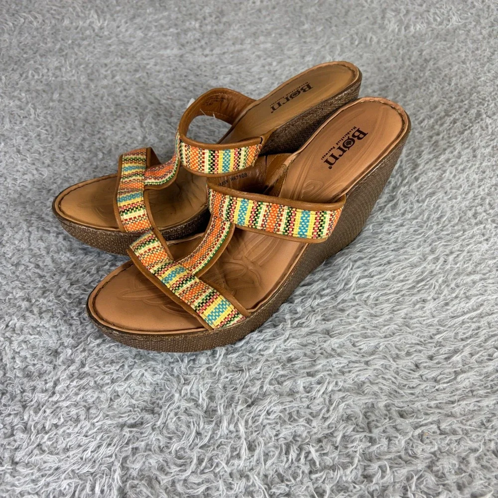 Born B67108 Womens Multi-Color Woven T-Strap Wedge Sandals Brown Leather Size 10